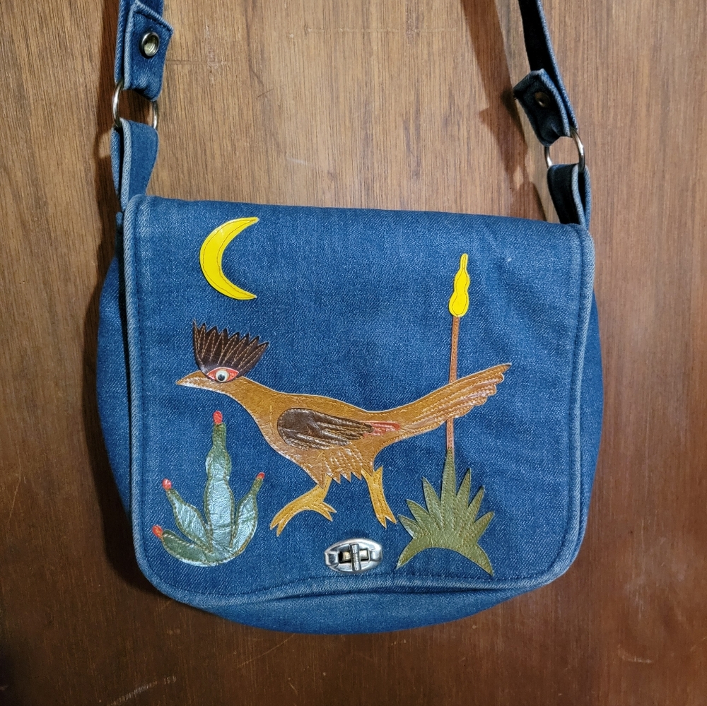 Vintage Blue Denim Crossbody Bag with Road Runner Bird Design